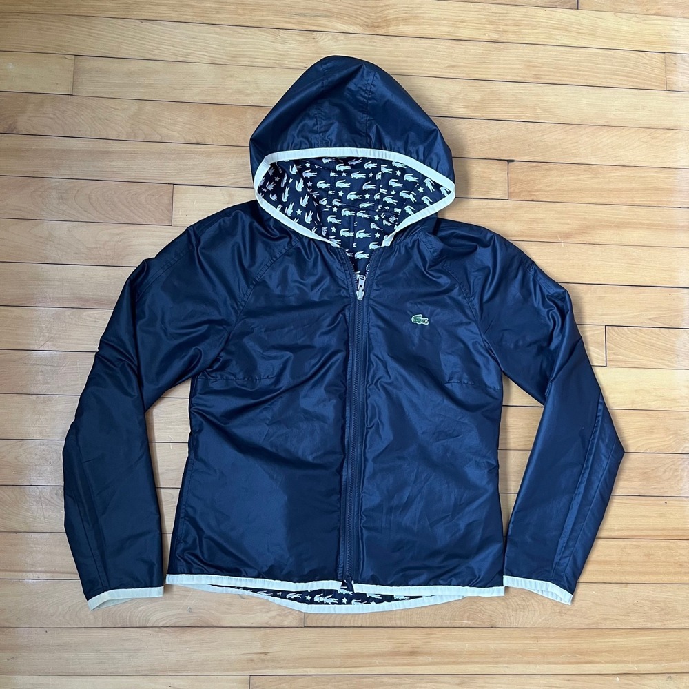 Lacoste Reversible Hooded Windbreaker Jacket Navy Blue Logo Star Print Mens S